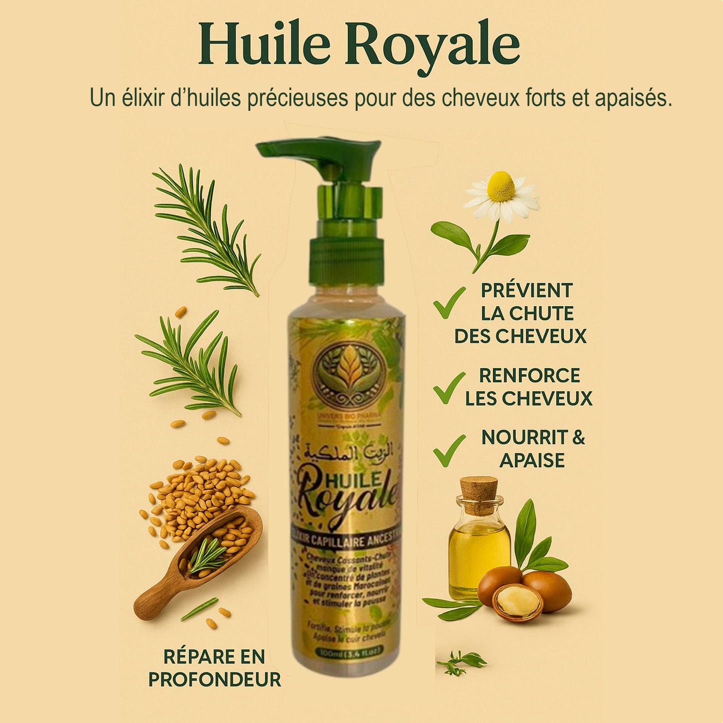 Huile capillaire artisanale anti-chute fabriquée par une coopérative de femmes du Moyen Atlas avec romarin, fenugrec, nigelle et huiles végétales naturelles.