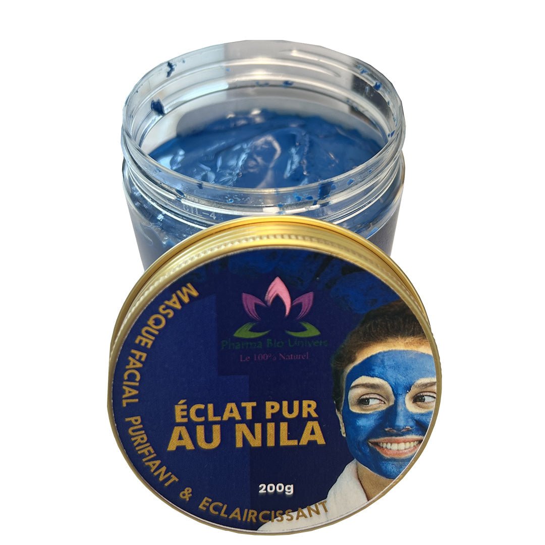 قناع بالنيلة الزرقاء لتنقية، تفتيح وترطيب البشرة. Éclat Pur au Nila - masque facial naturel purifiant, éclaircissant et hydratant pour révéler une peau éclatante et radieuse.- Pharma Bio Maroc