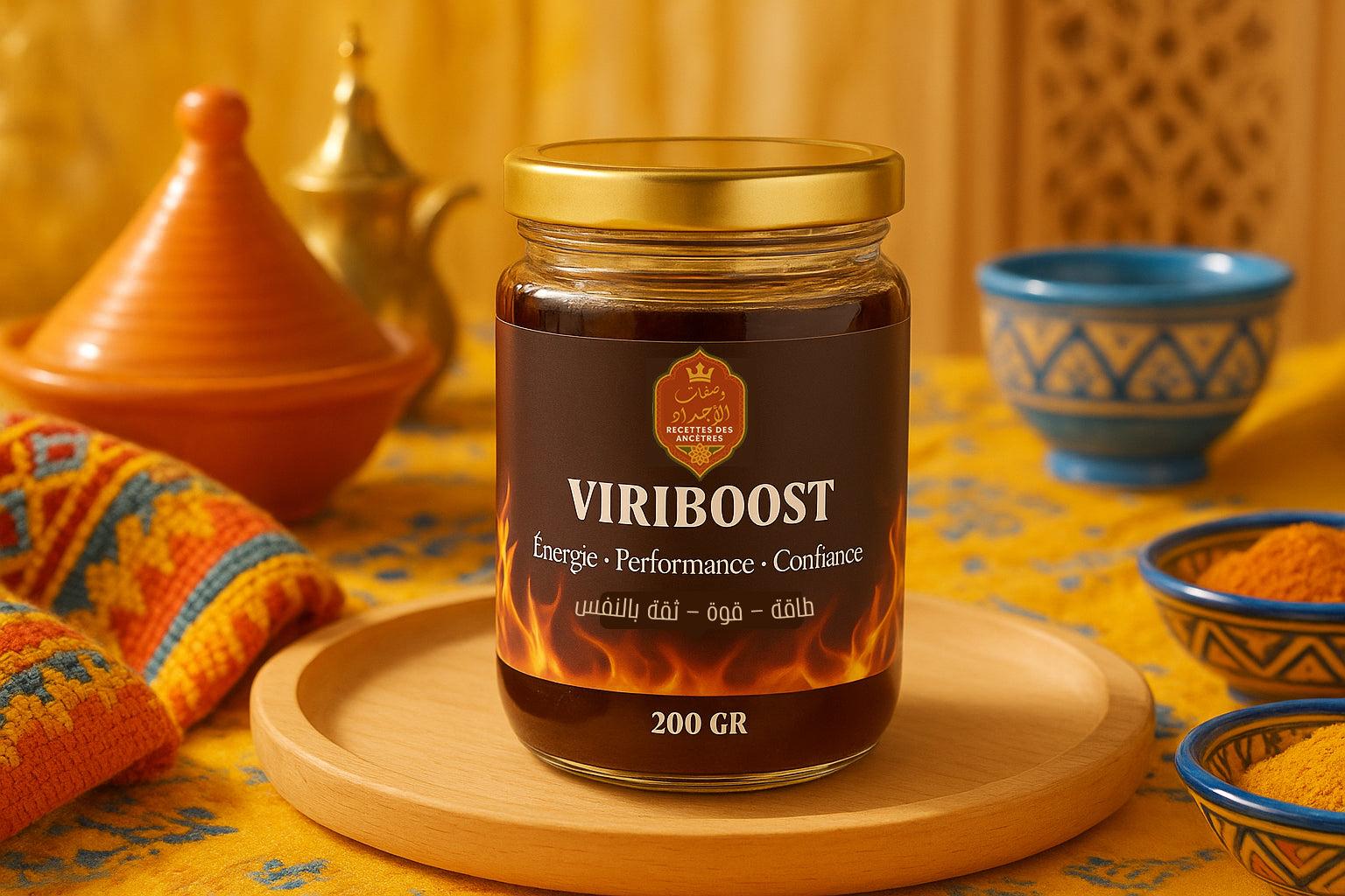 ViriBoost complément alimentaire naturel miel gingembre maca - Pot artisanal marocain avec ingrédients premium pour énergie et vitalité