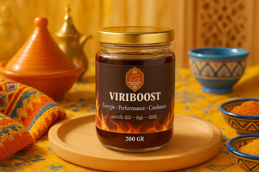 ViriBoost complément alimentaire naturel miel gingembre maca - Pot artisanal marocain avec ingrédients premium pour énergie et vitalité