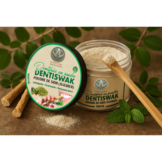 Boîte de dentifrice en poudre DENTISWAK à base de Siwak et Sidr - Solution 100% naturelle pour blanchiment dentaire, plaque dentaire et haleine fraîche - Fabriqué au Maroc