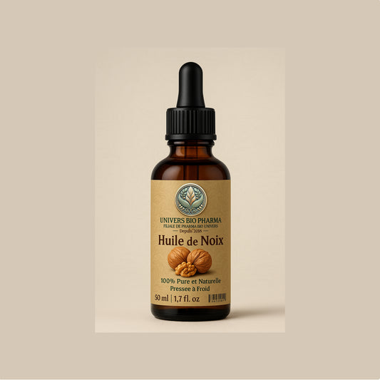 Flacon d'huile de noix 100 % naturelle, pressée à froid, soin nourrissant pour peau et cheveux, fabriquée artisanalement au Maroc.
