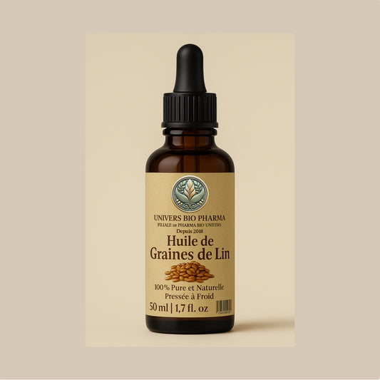 Flacon d'huile de lin 100 % naturelle, pressée à froid, soin apaisant pour peau et cheveux, fabriquée artisanalement au Maroc.