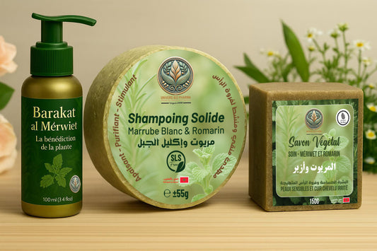 Pack de soins naturels au Marrubium vulgare pour cuir chevelu irrité et peau sensible – shampoing solide, huile capillaire et savon purifiant