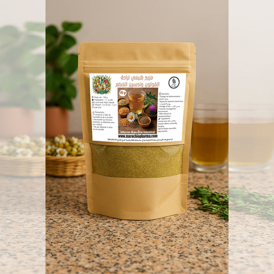 Sachet kraft de 150 g d’infusion digestive artisanale à base de plantes marocaines, contre les ballonnements, les gaz et le côlon irritable – Univers Bio Pharma.
