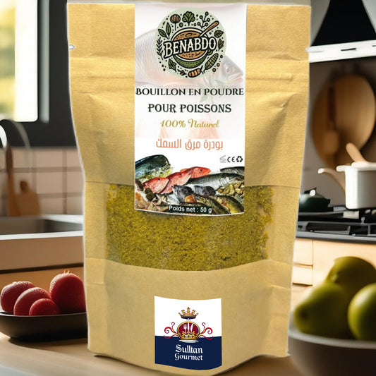 Pot de bouillon naturel pour poisson de 50 g, à base d’épices et d’herbes séchées, préparé artisanalement pour sublimer les plats de la mer.