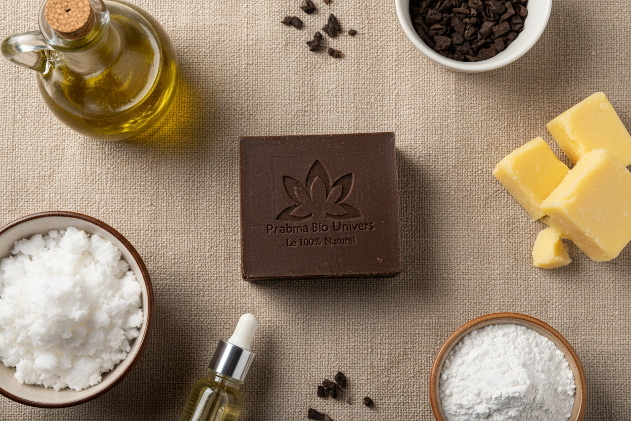 Flat lay ingrédients savon cade