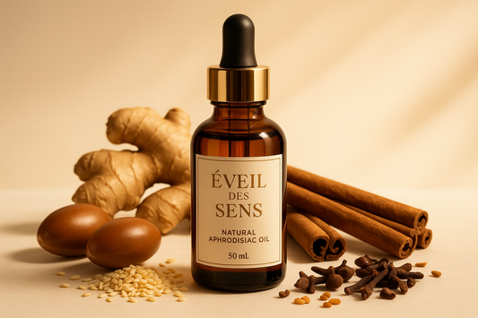 Huile aphrodisiaque Éveil des Sens 50ml avec ingrédients naturels - gingembre, cannelle, argan