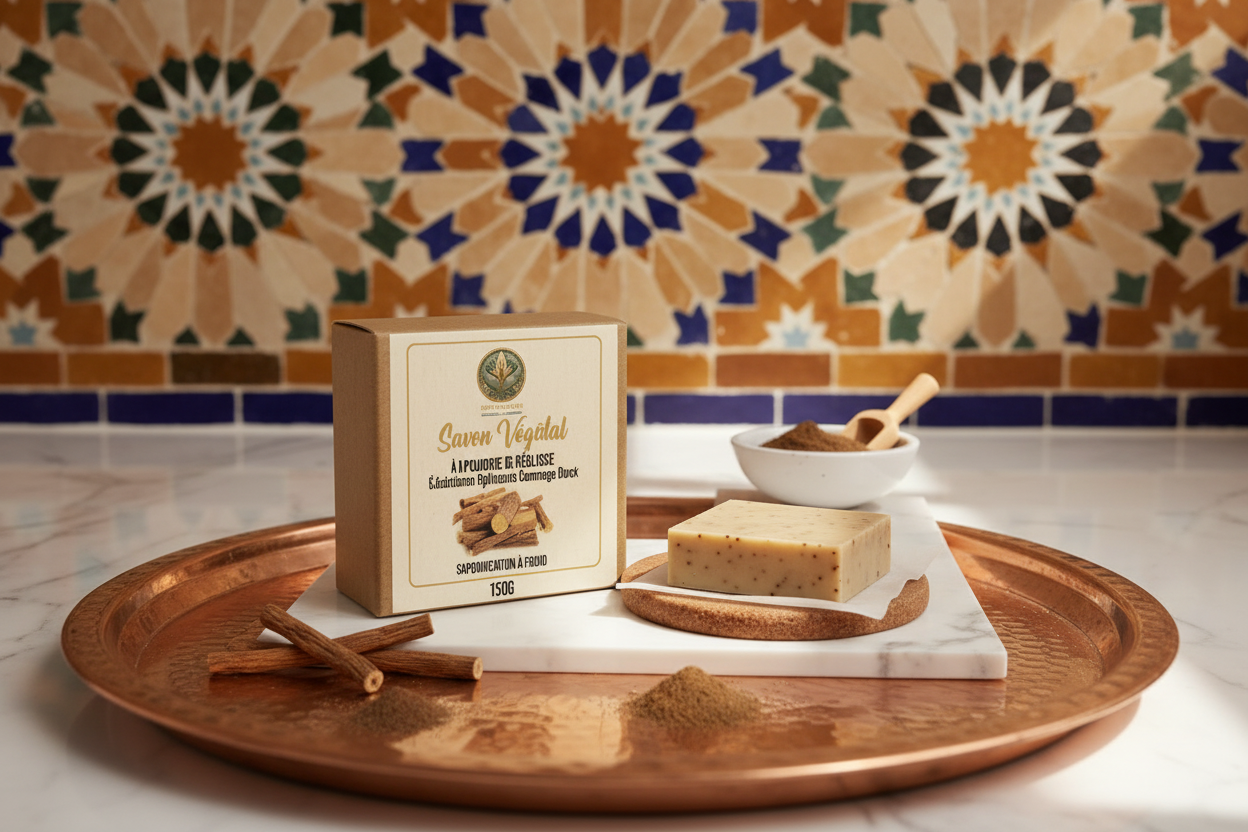 Savon éclaircissant à la réglisse dans un décor marocain authentique avec plateau en cuivre et zellige