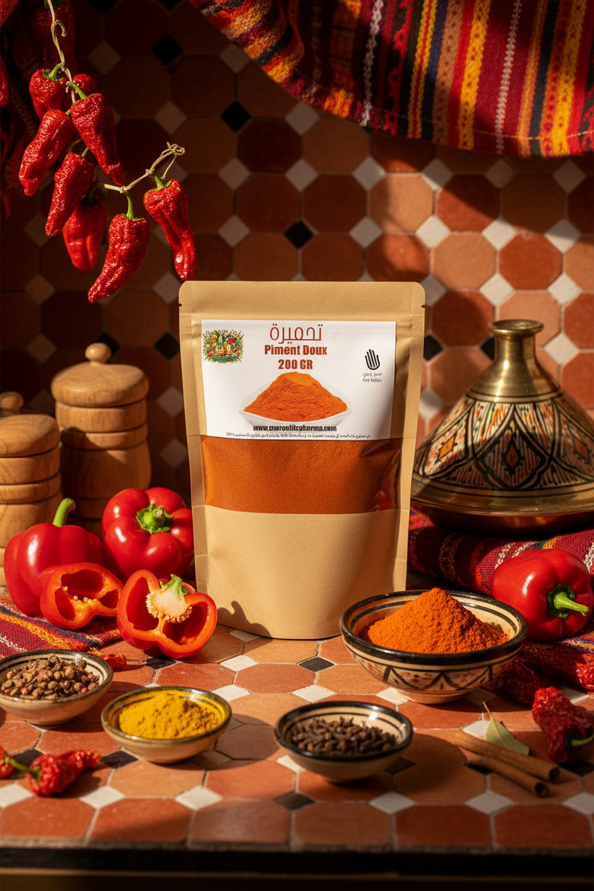 Piment Doux en poudre dans une ambiance marocaine vibrante